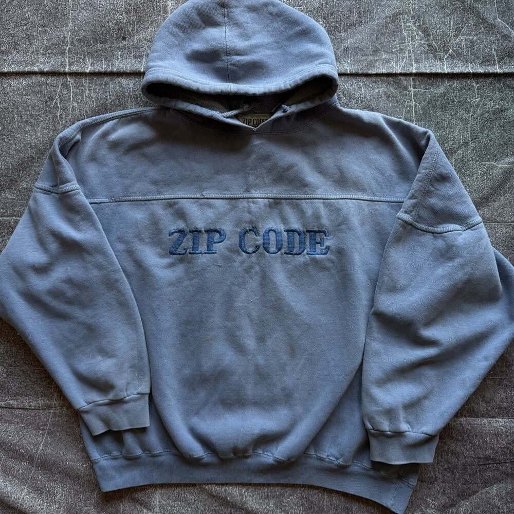 Men's Vintage 90's Zip Code Pastel Purple Blue Hoodie Pullover Sweatshirt Sz L